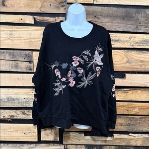 Chelsea & Theodore Black Crewneck Boho Floral Embroidered Sweatshirt 3X NWT
